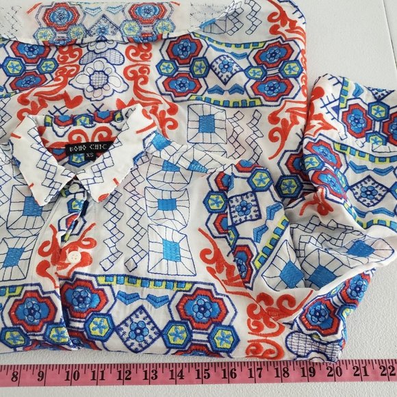 Boho Chic Womens Embroidered Geometric Button Front Blouse Size XS Multicolor - Picture 5 of 8
